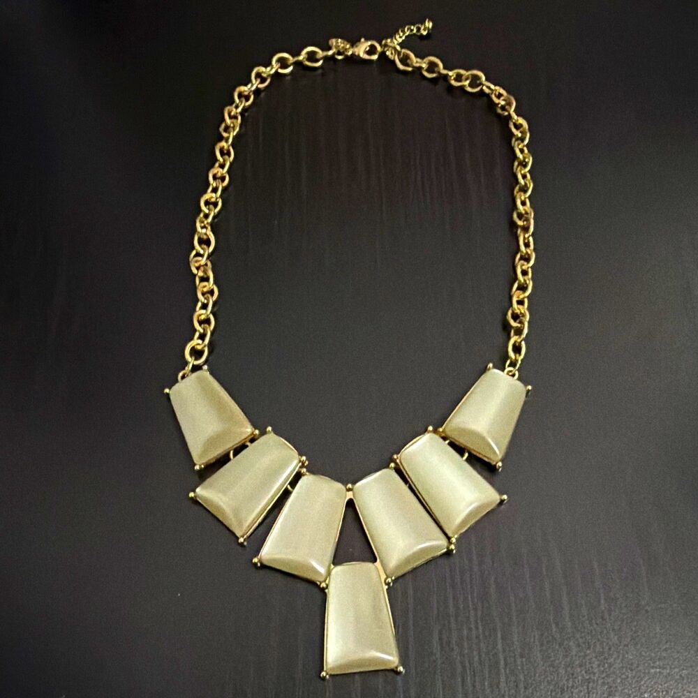 Gold Tone Statement Necklace with Ivory Faux Pearl Geometric Stones Adjustable